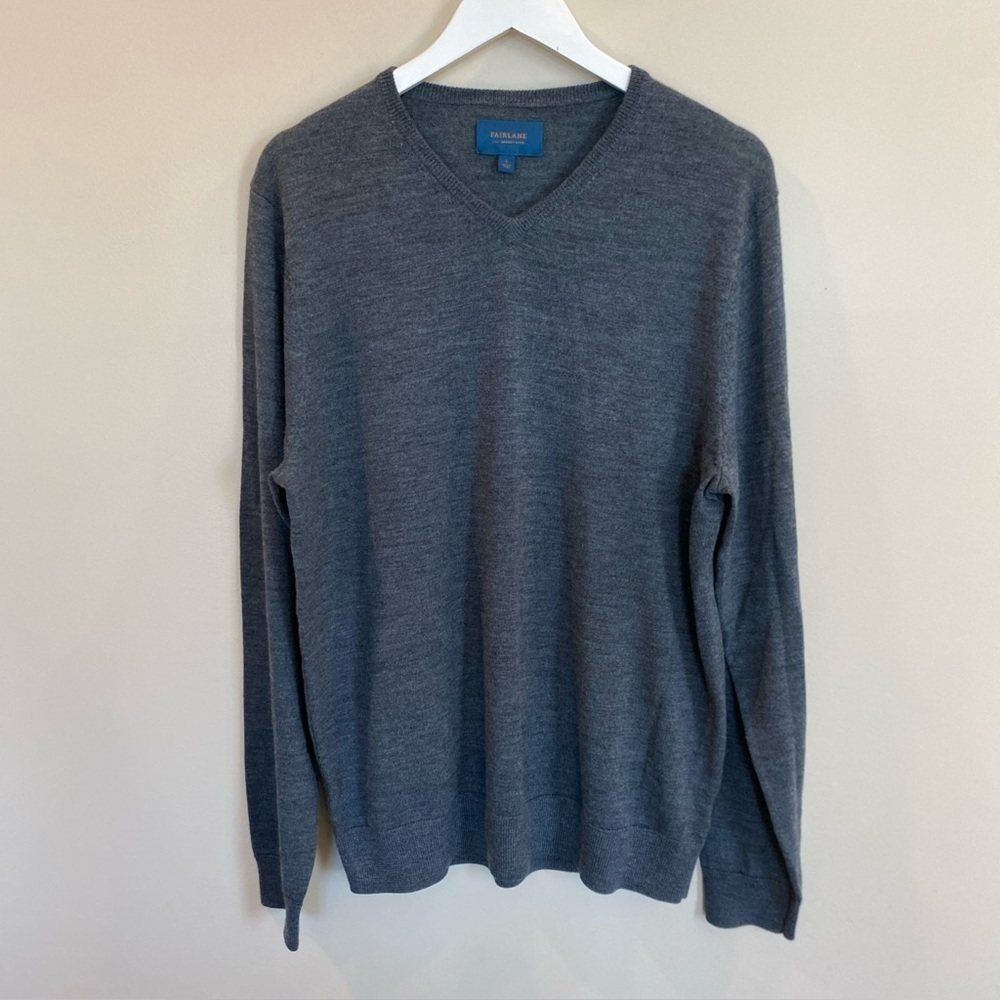 Fairlane 100% Merino Wool V Neck Sweater Gray Mens Large Preppy Pullover